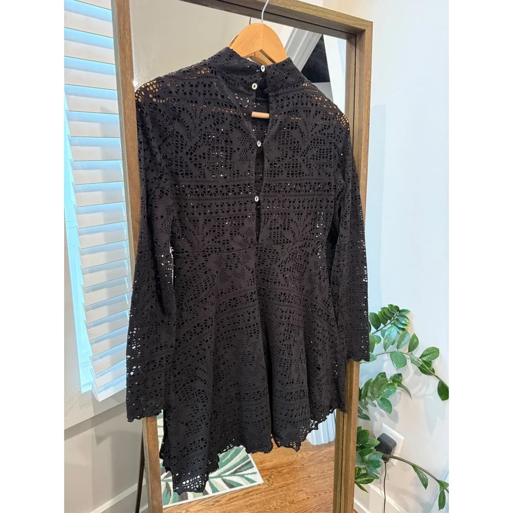 FP Beach Black Crochet Mock Neck Long Sleeve Tunic Cover Up Mini Dress S